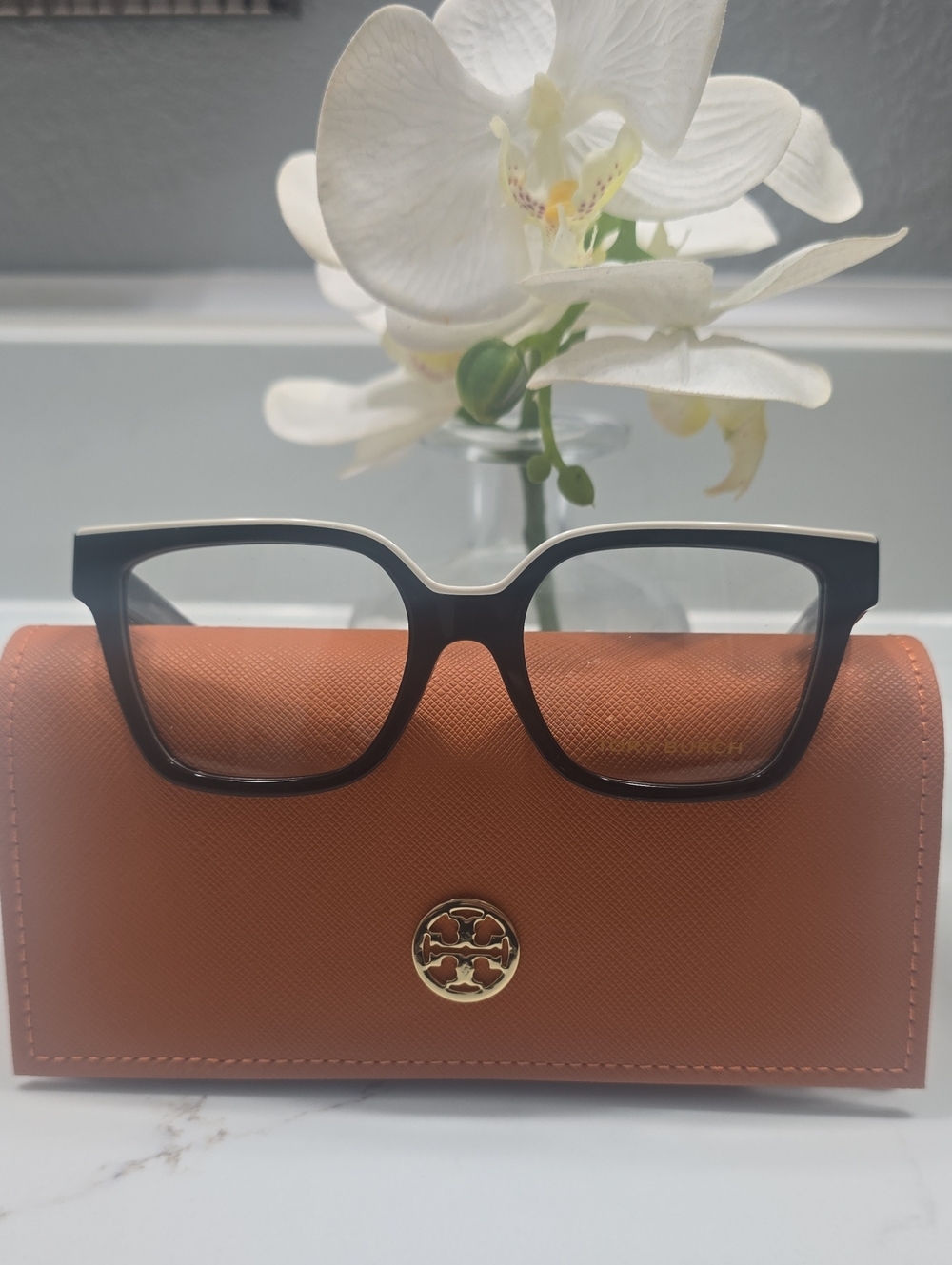Tory Burch Black Square Optical Glasses with Tan Logo Case